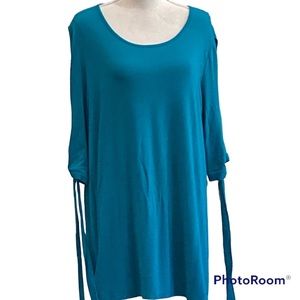 Vision Cold Shoulder Long Jersey Top in Teal, Size 2X
